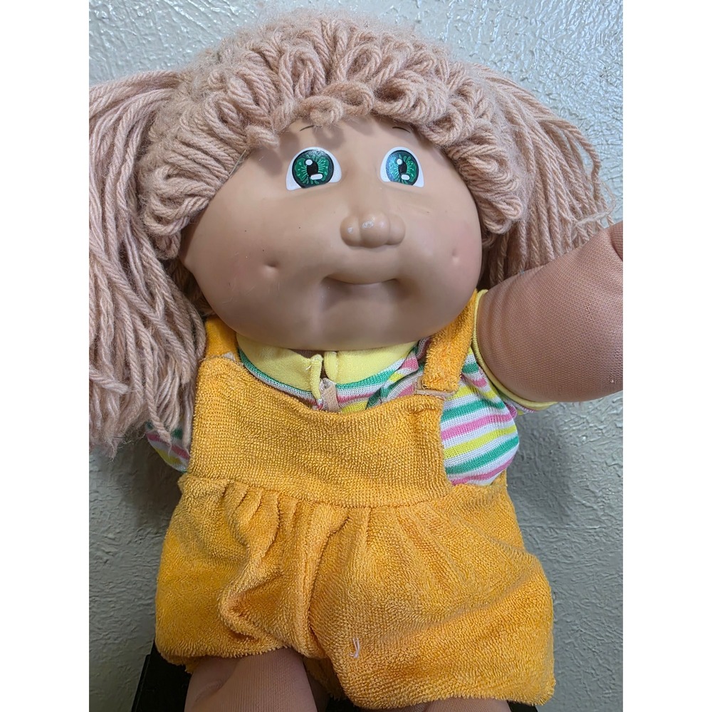 Vintage Cabbage Patch Kids Doll Coleco Green Eyes Blonde Yarn Hair Yellow Romper